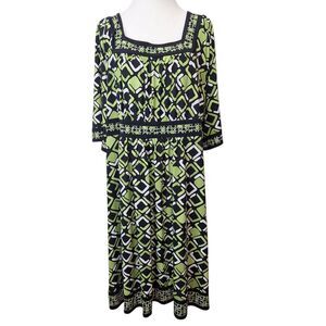 Apt 9 Woman 2X Baby Doll Dress Green and Black Geometric 3/4 Sleeves Band Waist